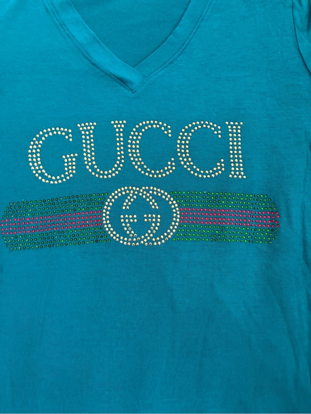New Womens Rhinestone Luxury Teal T-shirt Size Medium - Picture 2 of 6